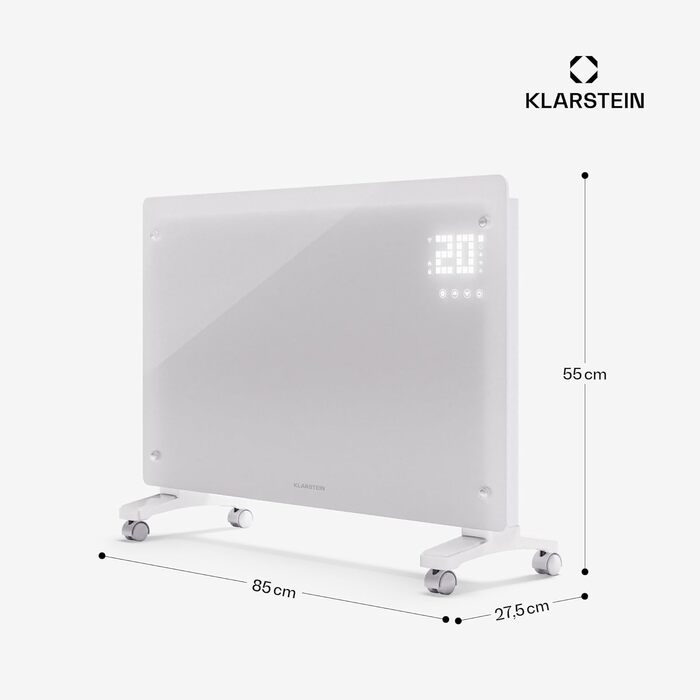 Електричний обігрівач Klarstein, конвекторний обігрівач потужністю 2500 Вт, окремостоячий та настінний, енергозберігаючий з керуванням через додаток та коліщатками, електричний радіатор з термостатом, 2500 Вт, білий