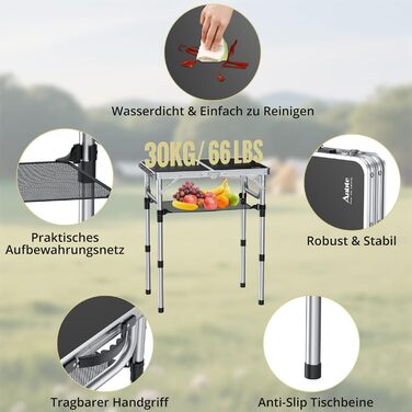 Стіл для кемпінгу Anbte, розкладний стіл 60x40 см, алюмінієва рама з 3 регульованими висотами 26/48/70 см, стіл для пікніка з сіткою для зберігання, портативний багатофункціональний стіл для кемпінгу, пляжу, балкону (чорний) сірий