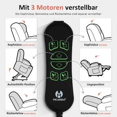 Крісло-реклайнер для телевізора M MCombo з електричним підйомником, 3 двигуни, окремо регульована спинка та підставка для ніг, крісло-реклайнер з функцією горизонтального положення до 170, регульований підголівник 7550 (шеніл, бежевий)