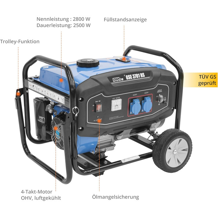 Генератор Gde GSE 3701 RS (4-тактний двигун, бензиновий, 4/5,5 (кВт/к.с.), 2 розетки 230 В, макс. 2800 Вт, час роботи до 16 год, бак 15 л, автоматичний регулятор напруги (ARV), захист від перевантаження, шасі, TV/GS, тестування ДОБРЕ - ДУЖЕ ДОБРЕ)