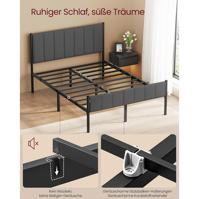 Каркас двоспального ліжка VASAGLE, каркас ліжка, 140 x 200 см, з м&39яким узголів&39ям, каркас ліжка, сталеві ламелі, витримує навантаження до 500 кг, легке складання, колір &quotсланцево-сірий&quot RMB974GN01 140 x 200 см, колір &quotсланцево-сірий&quot