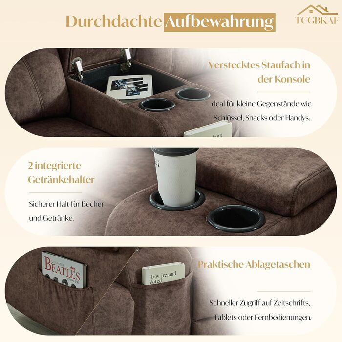 Крісло для кінотеатру, 2-місний диван з консоллю, двомісне крісло для телевізора, крісло-реклайнер з функцією відкидання, 2-місне крісло для кінотеатру, крісло-реклайнер, регульоване, 2-місний диван, крісло для телевізора, вітальня з підсклянником, коричн