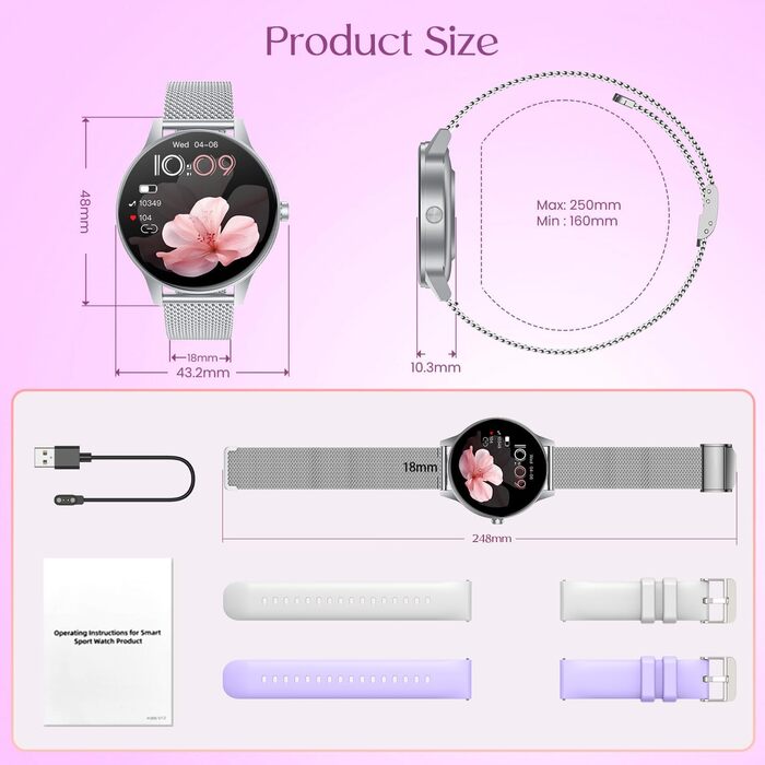 Жіночий смарт-годинник із функцією Bluetooth для телефону, спортивний годинник 1,27-дюймовий HD-сенсорний смарт-годинник із монітором серцевого ритму, монітором менструального циклу, монітором сну, понад 100 спортивними режимами, фітнес-годинник, водонепр