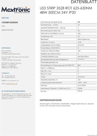 Світлодіодна стрічка Mextronic 3528, червона, 625-630nm, 48W, 500см, 24V, IP20