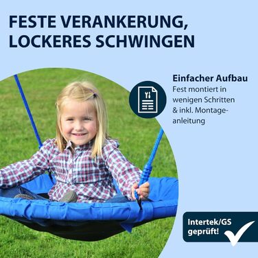 Синя пластикова гойдалка-гніздо до 100 кг - Підвісна гойдалка діаметром 90 см для приміщень та вулиці - Сімейна гойдалка для дітей