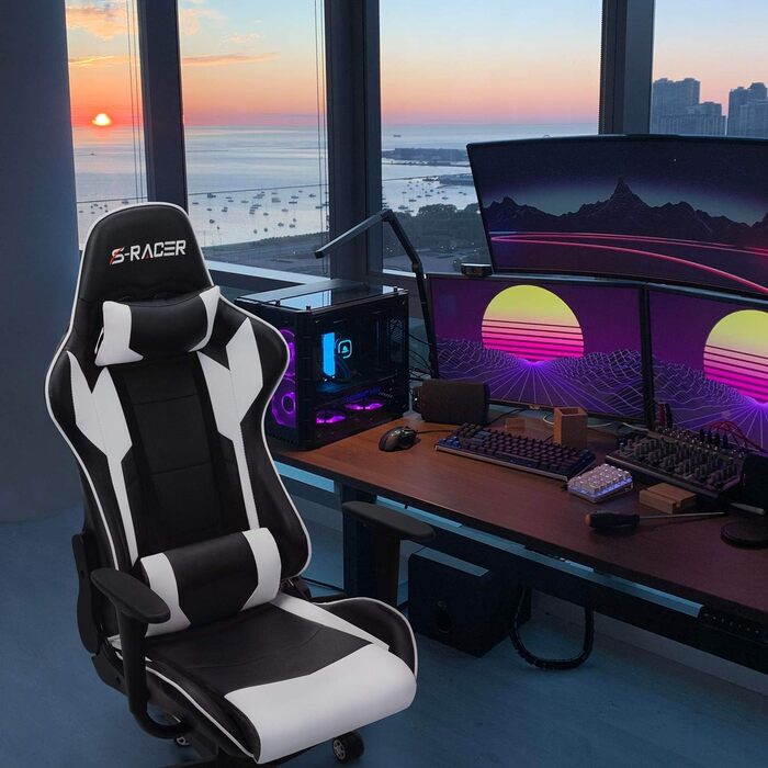 Ігрове крісло Homall, ергономічне офісне крісло, поворотне крісло з високою спинкою, крісло для ПК з регульованим кутом нахилу, підголівником та поперековою опорою (біле), дуже велике