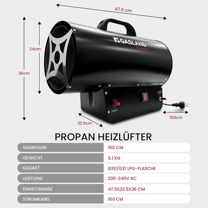 Газовий обігрівач GASLAND FlameJet FH30FBDE потужністю 30 кВт з редукційним клапаном 700 мбар, конвекційним нагрівом, турбовентилятором, захистом від перегріву