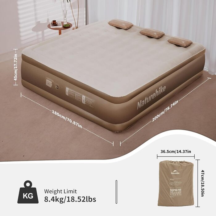 Надувний матрац Naturehike для 3 осіб, що самонадувається, з насосом на батарейках - надувне ліжко для гостей 200x180x45 см для кемпінгу та дому, легкий, зручний та швидко надувається, коричневий/3 особи/45 см
