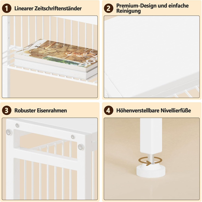 Вузький журнальний столик, маленький журнальний столик з 3 полицями, стійка для журналів, журнальний столик для вузьких приміщень, дротяна сітка, маленька тумбочка для ліжка, для вітальні, спальні, білий