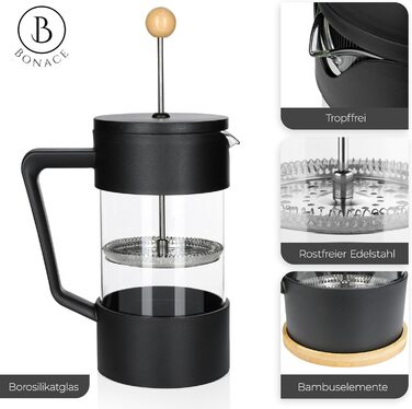 Френч-прес BONACE Glass Кавоварка на 5 чашок Прес для кави 1 л Колір чорний 2 змінні фільтри з нержавіючої сталі з бамбуковою підставкою НЕ МІСТИТЬ БІСФЕНОЛУ А Подарункова коробка 1 літр