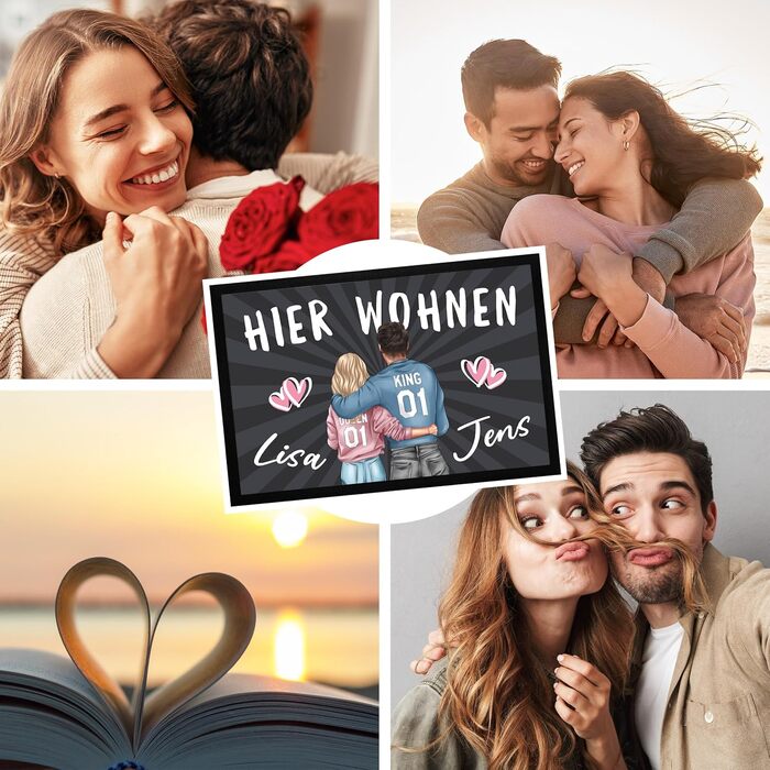 Персоналізований килимок для пар, &quotТут живемо&quot з іменами та серцем, подарунок для пар, партнерів, нековзний та миється, чорний, 60x40 см, килимок для партнера, чорний