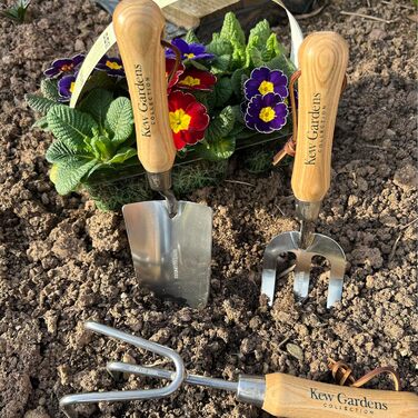 Набір садового інструменту Spear & Jackson 3057KEW Кью Гарденс 3 предмети совок для розсади, вила для видалення бурянів та культиватор з ручками з твердої деревини з сертифікацією FSC та нержавіючою сталлю.