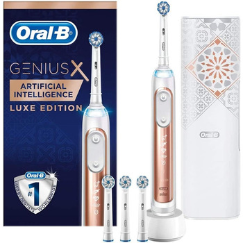 Електрична зубна щітка Oral-B Genius X Luxe Edition зі штучним інтелектом, розпізнаванням технологій чищення та додатком Bluetooth, 6 програм чищення, зарядний дорожній кейс, 4 щітки, рожеве золото