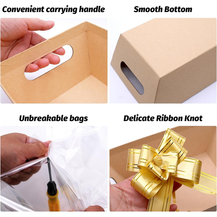 Набір із 5 порожніх картонних подарункових кошиків із целофановими пакетами та зав&39язками, екологічно чистий картонний подарунковий кошик для подарунків, свят, днів народження (крафт-папір) 5 прямокутний подарунковий кошик з крафт-картону