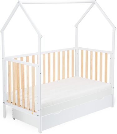 Дитяче ліжко в дизайні будинку, Регульована висота в 3 положеннях, Трансформується в дитяче ліжко (Комфортний матрац/з шухлядою, Білий/Натуральний, 120x60 см) 124Д x 72Ш x 155В см Комфортний матрац/з шухлядою Білий/Натуральний, 120x60