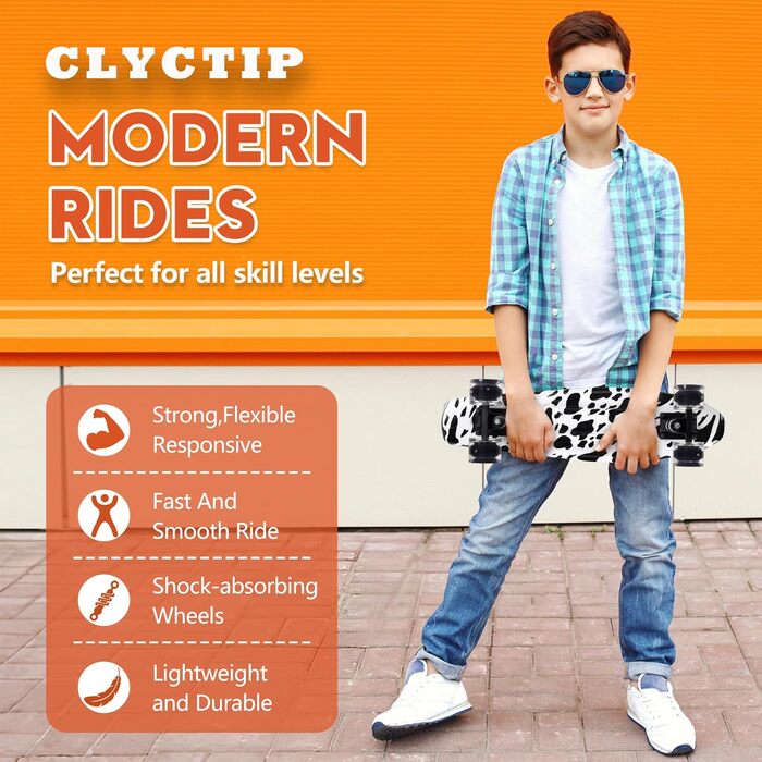 Скейтборд CLYCTIP, 22-дюймовий повноцінний міні-крейсерський скейтборд з різнокольоровими миготливими колесами та підшипниками ABEC-11 для дітей, хлопчиків, дівчаток, початківців, білий-BD