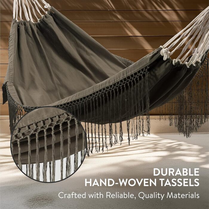 Бавовняний гамак для вулиці та дому - 220 x 115 см - Гамак з тканини в стилі бохо - Гамак для саду або балкону - Вуличний гамак - Темно-сірий