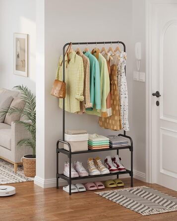 Вішалка для одягу - штанга для одягу з нековзними ніжками, шафа-стійка з 2-рівневим органайзером для взуття, вішалка для одягу для спальні, передпокою, 74 x 30 x 150 см, чорна 74 x 30 x 150 см чорна