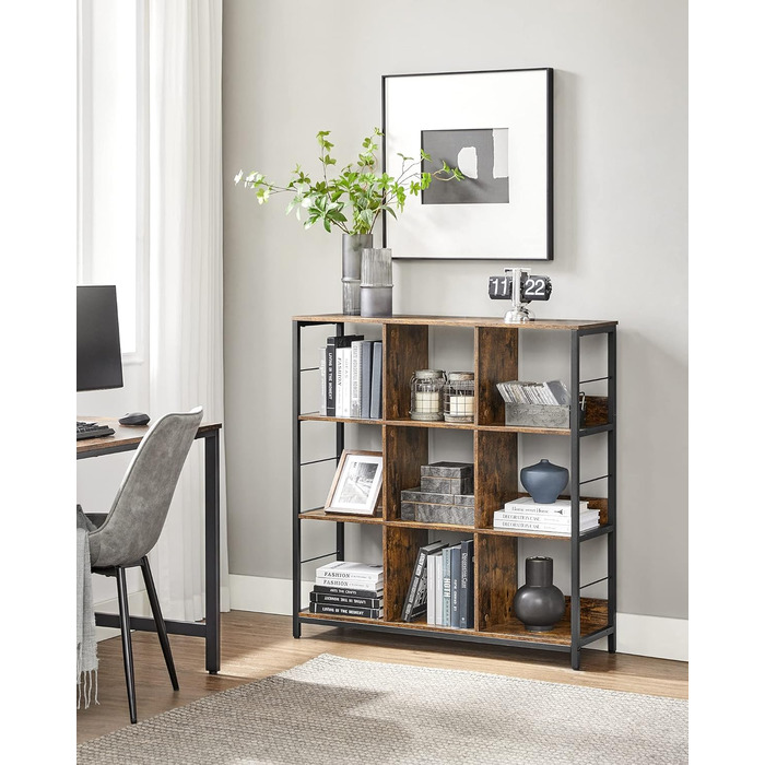 Рівнева полиця, книжкова шафа, окремостояча полиця з 9 відділеннями, для вітальні, спальні, кабінету, кухні, 30 x 100 x 103,1 см, вінтажний коричневий-чорнильний чорний LLS112B01 30Г x 100Ш x 103,1В см Вінтажний коричневий чорнильний чорний, 3-