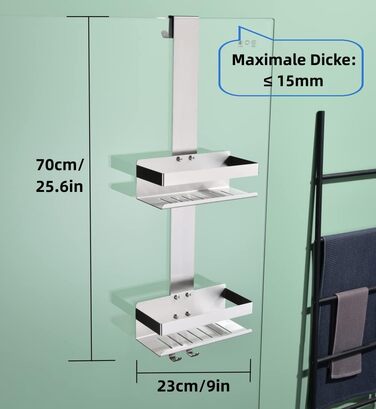 Підвісна душова полиця KigKog, 2-поверхова підвісна душова полиця, матовий нікель, нержавіюча сталь SUS304 Подвійна підвісна душова корзина з гачками для скляної душової кабіни, K07-23BN-2GL 2 полиці, матовий нікель, нержавіюча сталь SUS304