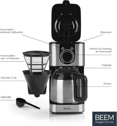 Кавоварка з фільтром BEEM FRESH-AROMA-SWITCH - Thermo Нержавіюча сталь Колба термоса 1 л Стильне колесо керування 24-годинний таймер 800 Вт На 4-8 чашок вакуумний глечик Fresh-aroma-switch