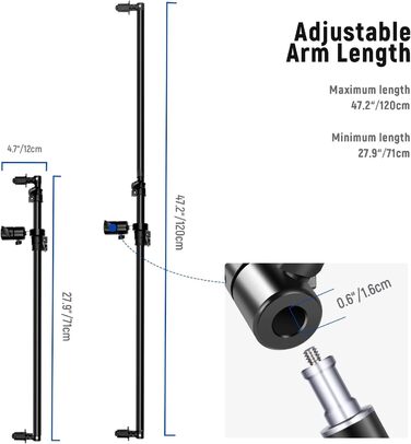Розсувний тримач рефлектора, фотостудійний телескоп Від 27,9 до 47,2 дюйма Кронштейн зі штангою Поворотний рефлекторний кронштейн на 360 градусів для зйомки продуктів і портретів, чудово підходить для студії на відкритому повітрі та фотографії
