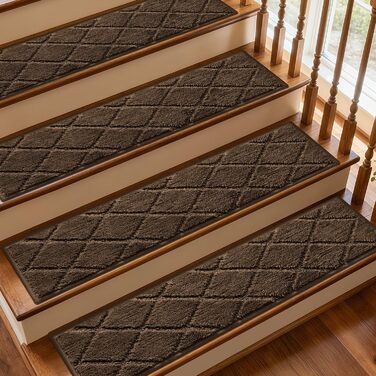 Килимки для сходів JOENIE, нековзні, для приміщень, 76,2 x 20,3 см, доріжки для дерев&39яних сходів, окантовка, килимки для сходів для дітей та собак, 100 поліестер, основа TPR (коричневі, 12 шт. ) коричневі 12 шт.