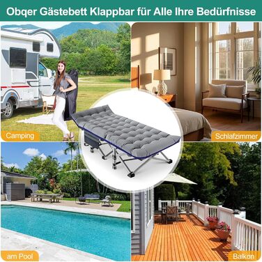 Розкладне туристичне ліжко з матрацом та боковими кишенями, вантажопідйомність 200 кг, розкладне гостьове ліжко, сталевий каркас та тканина Оксфорд, 190 x 71 x 36 см, підходить для саду, офісу, кемпінгу, сірий