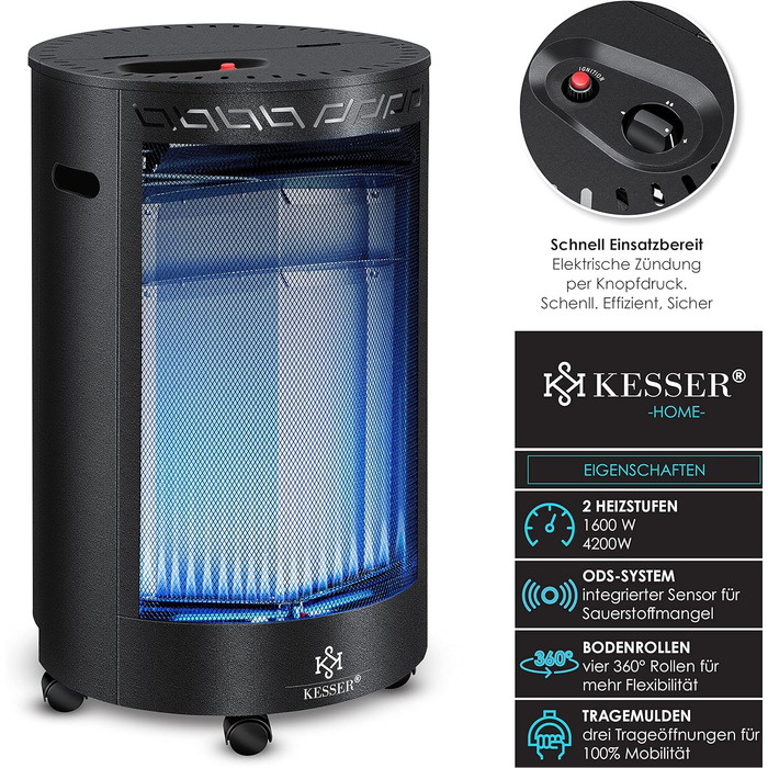Керамічний газовий обігрівач KESSER® потужністю 4200 Вт, включаючи регулятор тиску газу, газовий шланг, газовий обігрівач із захисним чохлом, газовий обігрівач, інфрачервоний керамічний пальник, газові балони з бутаном або пропаном, чорний колір