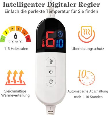 Електрична ковдра з автоматичним вимкненням, 130x180 см Фланель, 6 режимів нагріву та 10-годинний таймер вимкнення, захист від перегріву, можна прати в пральній машині, сіра, 130 x 180 см