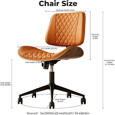 Ергономічне офісне крісло без підлокітників, регульоване по висоті, обертове крісло з колесами, стільце зі штучної шкіри для домашнього офісу, туалетний стілець, дизайн під горіхове дерево (персикове дерево - коричневий)