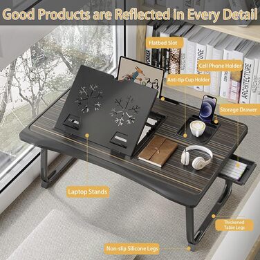 Регульований стіл для ноутбука на ліжко, портативний піднос з 6 кутами нахилу, висувною шухлядою та підставкою для напоїв. Ідеально підходить для роботи та навчання в ліжку.