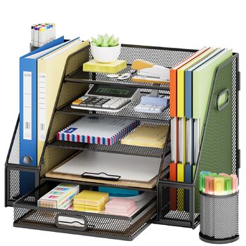 Органайзер для столу Marbrasse з тримачами для файлів, 5-ярусний лоток для листів з шухлядою та 2 тримачами для ручок, сітчастий лоток для настільних аксесуарів, тримач для журналів та офісного приладдя (чорний) 42 x 30 x 28 см