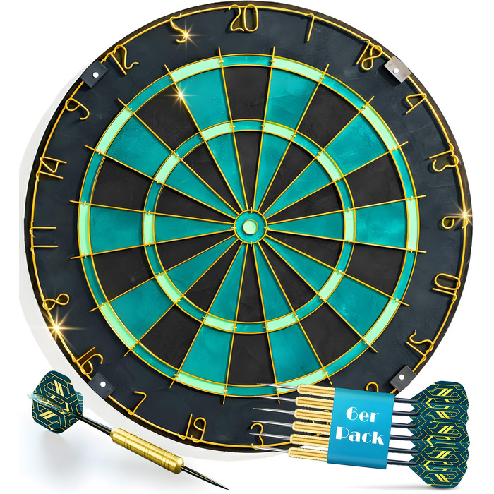 Професійна сизалева мішень для дротиків, бірюзового кольору із золотим кільцем з номером та стрілками - Професійна сталева мішень для дротиків - Мішень для дротиків з 6 металевими наконечниками, золотими стволами для дротиків та держаками