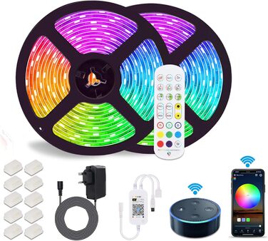 Світлодіодна стрічка Alexa 10 м, світлодіодні стрічки 5050 RGB, керовані APP музичні світлодіодні струнні ліхтарі, сумісні з Alexa, світлодіодна стрічка Google Assistant, що змінює колір, світлодіодна стрічка з пультом дистанційного керування та джерелом 