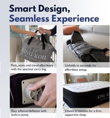Надувний матрац King Koil Luxury California King із вбудованим запатентованим високошвидкісним насосом для дому, кемпінгу та використання гостями, надувний матрац подвійної висоти, водонепроникний, 1 рік California King Black