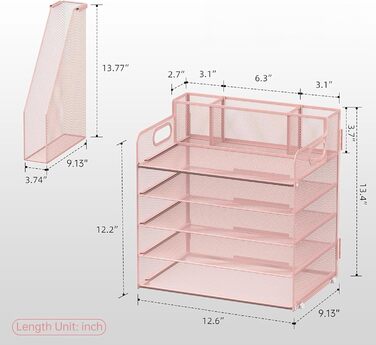 Органайзер для столу з тримачами для файлів, 5 рівнів, органайзер для столу з 3 тримачами для ручок, лотком для паперу та листів для офісу, дому, організації та зберігання, рожевий