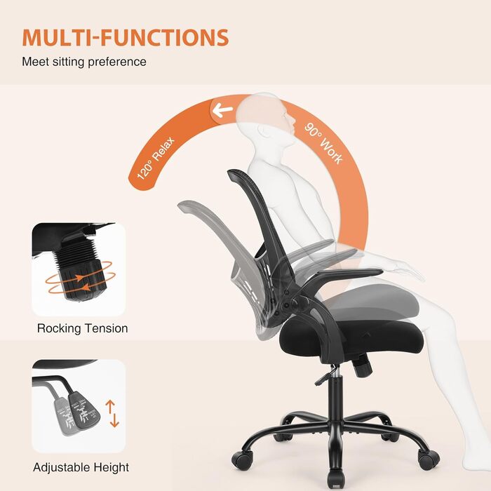 Ергономічне офісне крісло Sweetcrispy з відкидними підлокітниками, регульоване по висоті поворотне крісло для керівника, сітчасте крісло з функцією гойдання до 120 для домашнього офісу, офісу, кабінету, чорне 18,5&39 Г x 20,08&39 Ш x 41,3&39 В