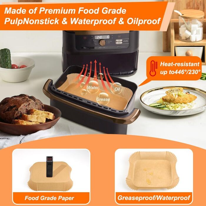 Папір для випічки BYKITCHEN для фритюрниці Шухляда Ninja Flex AF500EU 10,4 л, 120 шт. Аксесуари для фритюрниці/фритюрниці для Ninja Foodi Flexdrawer Dual Zone, також сумісний із великим папером для випічки Cecotec Dual 9000 9 л