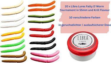 Стартовий набір Libra Lures Fatty D Worm Tournament 55 мм 20 мяких приманок для форелі 10 кольорів з ароматом криля набір гумових приманок герметичний контейнер ідеально підходить для лову форелі