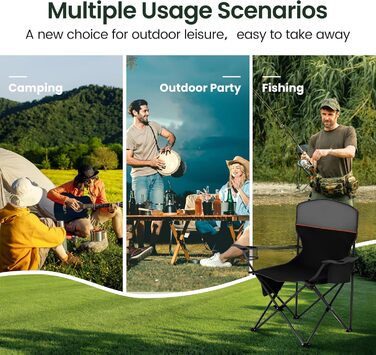 Складане крісло для кемпінгу HIGH POINT SPORTS, комплект з 2 шт. , витримує до 102 кг, крісло для кемпінгу, розкладне крісло з підсклянниками, розкладне рибальське крісло з підлокітниками, вуличне крісло, чорне