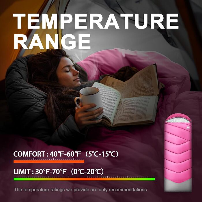 Спальний мішок для дорослих для холодної погоди, портативний, водонепроникний, легкий спальний мішок для високих людей (дівчат та хлопців) з компресійним чохлом для теплого кемпінгу, походів, використання на свіжому повітрі та в приміщенні, 1,8 кг, рожеви