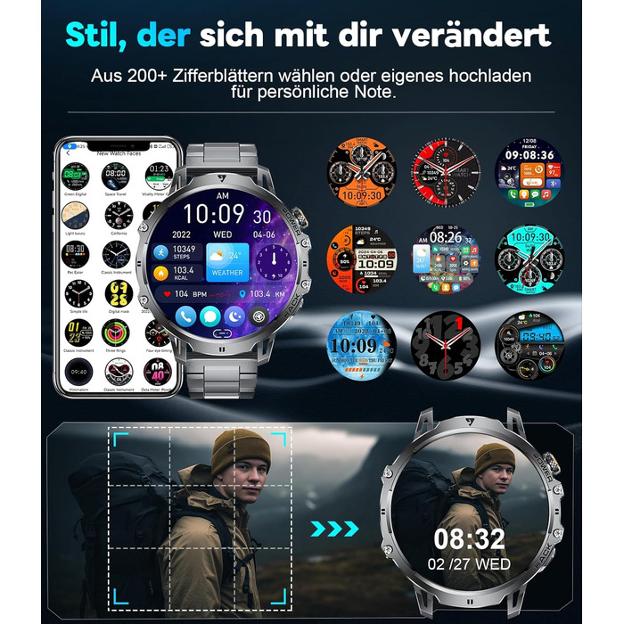 Розумний годинник LIGE Military для чоловіків - 1000 мАг/1,85 дюйма HD великий сенсорний екран/світлодіодна підсвітка, фітнес-годинник з більш ніж 110 спортивними режимами, відстеження серцевого ритму/сну, 2 браслети, водонепроникність IP68, спортивний го