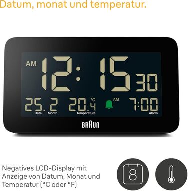 Цифровий будильник Braun з відображенням дати, місяця та температури, негативним РК-дисплеєм, швидким налаштуванням та поступовим звуковим сигналом будильника, чорного кольору, модель BC10B. у комплекті.