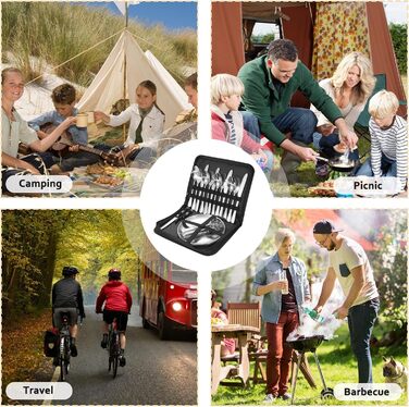 Набір столових приборів для кемпінгу, 20-предметний набір кемпінгового посуду для 4 осіб, нержавіюча сталь, з ложкою, виделкою, ножем, тарілкою та затискачем для кемпінгу, пікніків та походів