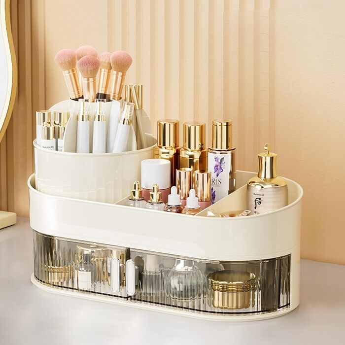 Органайзер для макіяжу з 1 шухлядою, обертовим органайзером для косметики та відділенням з тримачем для пензлів для макіяжу, що обертається на 360, для спальні та ванної кімнати, стандартні стільниці для туалетного столика