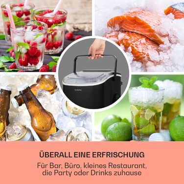 Машина для кубиків льоду Klarstein для домашнього кемпінгу Gastro, швидка міні-машина для кубиків льоду маленька, професійна льодогенератор для великих і маленьких кубиків льоду, самоочищення, резервуар для води 1,3 л, 12 кг льоду за 24 години чорний