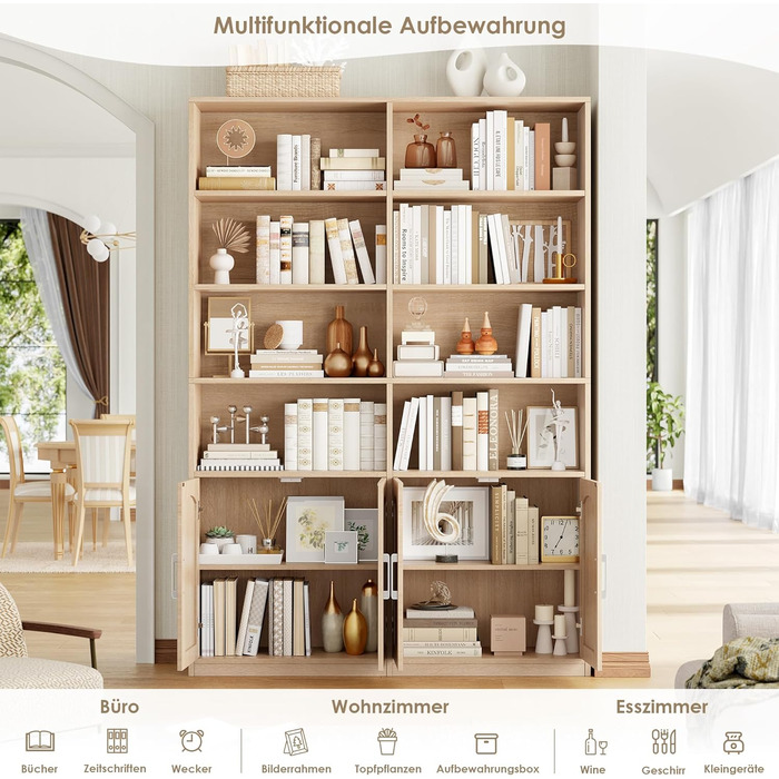 Книжкова шафа FirFurd 185,5 см з дверцятами, 12 полиць, вітрина, полиця, висока шафа для вітальні, офісу, кухні, 115 x 27 x 185,5 см, дуб