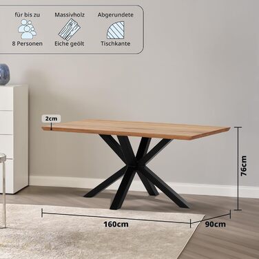 Обідній стіл KHG 160 x 90 см, кухонний стіл з масиву промасленого дуба - швейцарська кромка, чорна металева зіркоподібна основа, промисловий дизайн, стіл для 6-8 осіб, вантажопідйомність до 50 кг