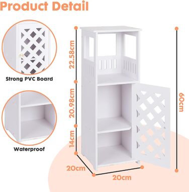 Невелика біла шафа для зберігання у ванній кімнаті, 3-рівневий окремостоячий органайзер з дверцятами, водонепроникна підлогова шафа для спальні, туалету, вітальні, офісу